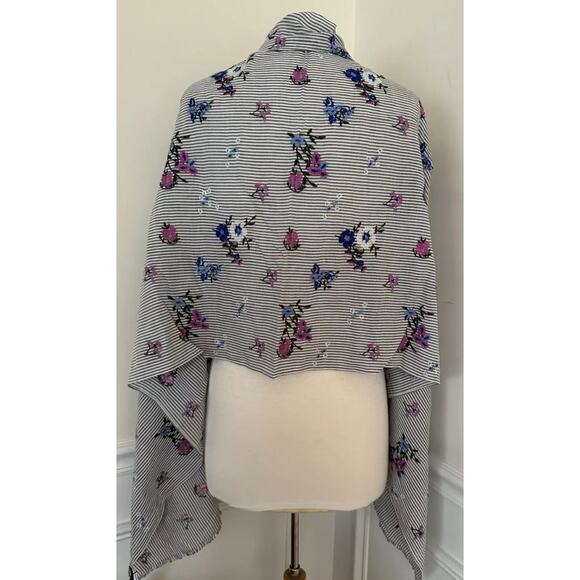 Talbots Blue Floral Embroidered Striped Scarf Shawl Wrap 100% Cotton 30x72 - Picture 1 of 5